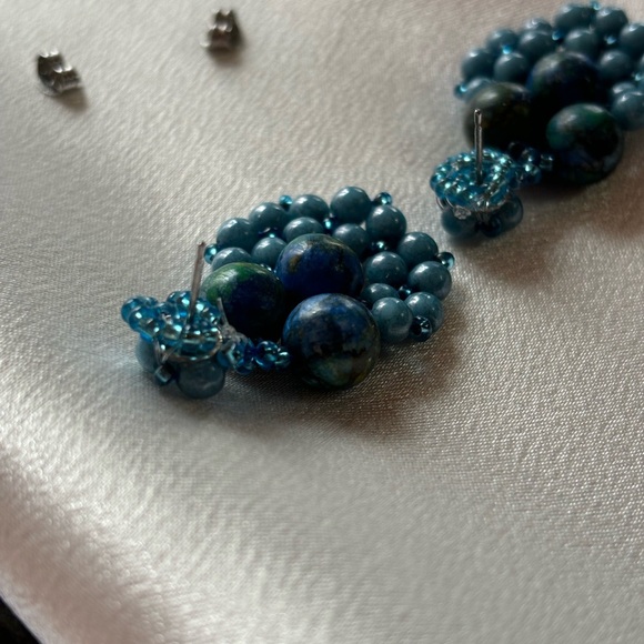 Hand crafted Beaded Stud Earrings Denim Lapis and Chrysocolla beads 2 inches - Picture 5 of 5